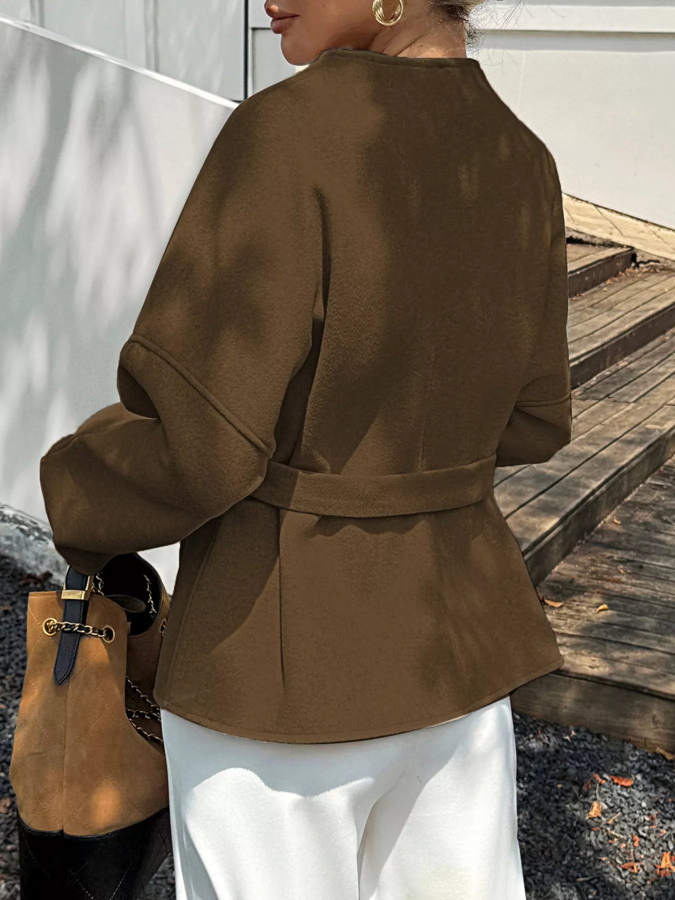 Surplice Dropped Shoulder Tie Belt Outerwear Trendsi