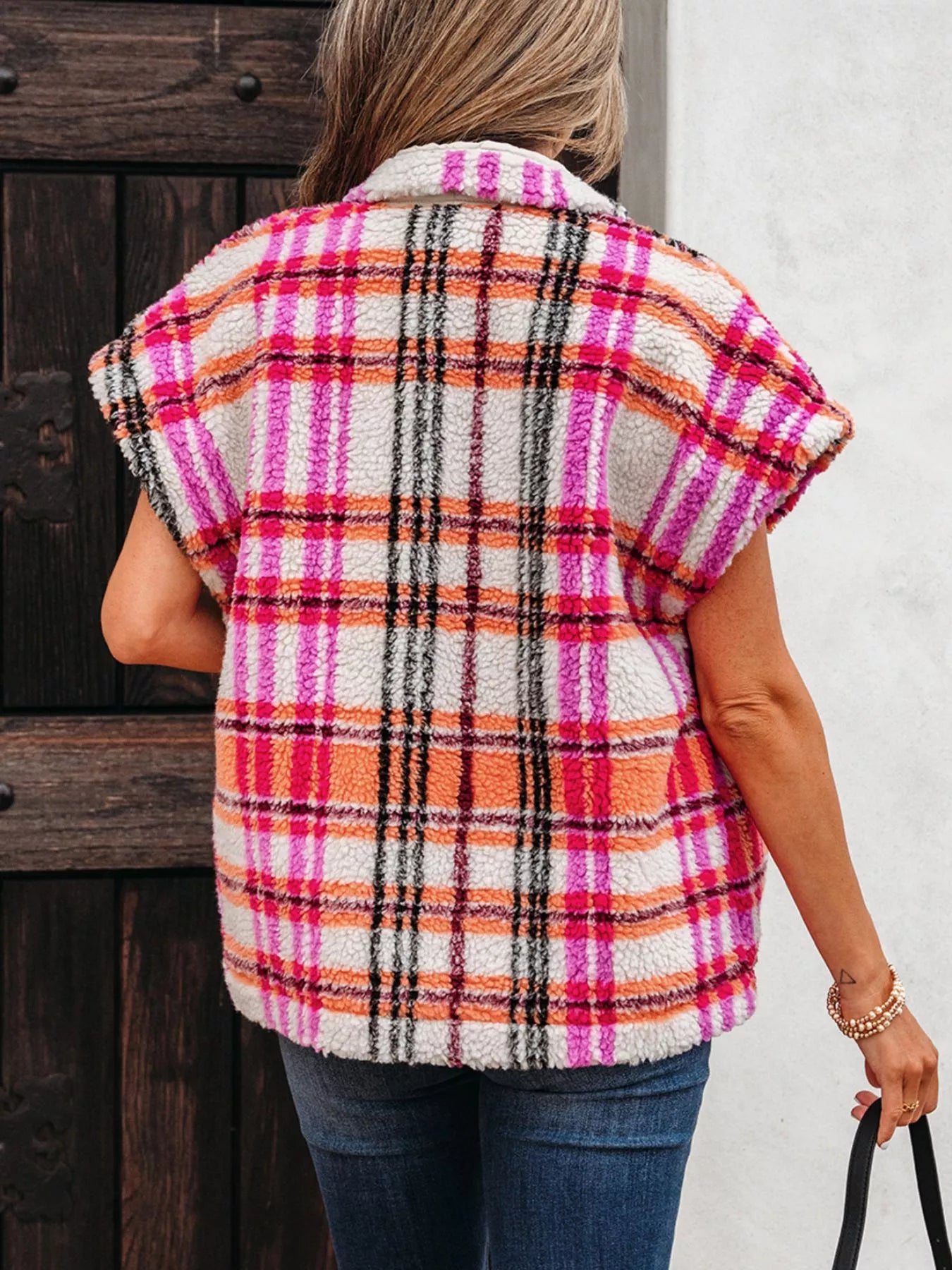 Sherpa Plaid Snap Down Vest Coat Trendsi