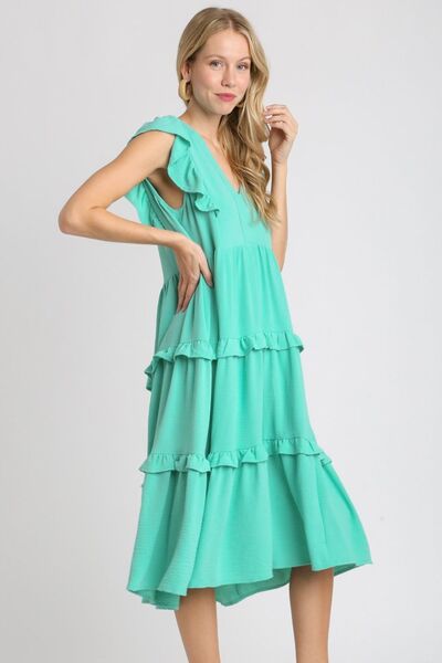Umgee Full Size Ruffle Tiered Cap Sleeve Midi Dress Plus Size OutfitFlow