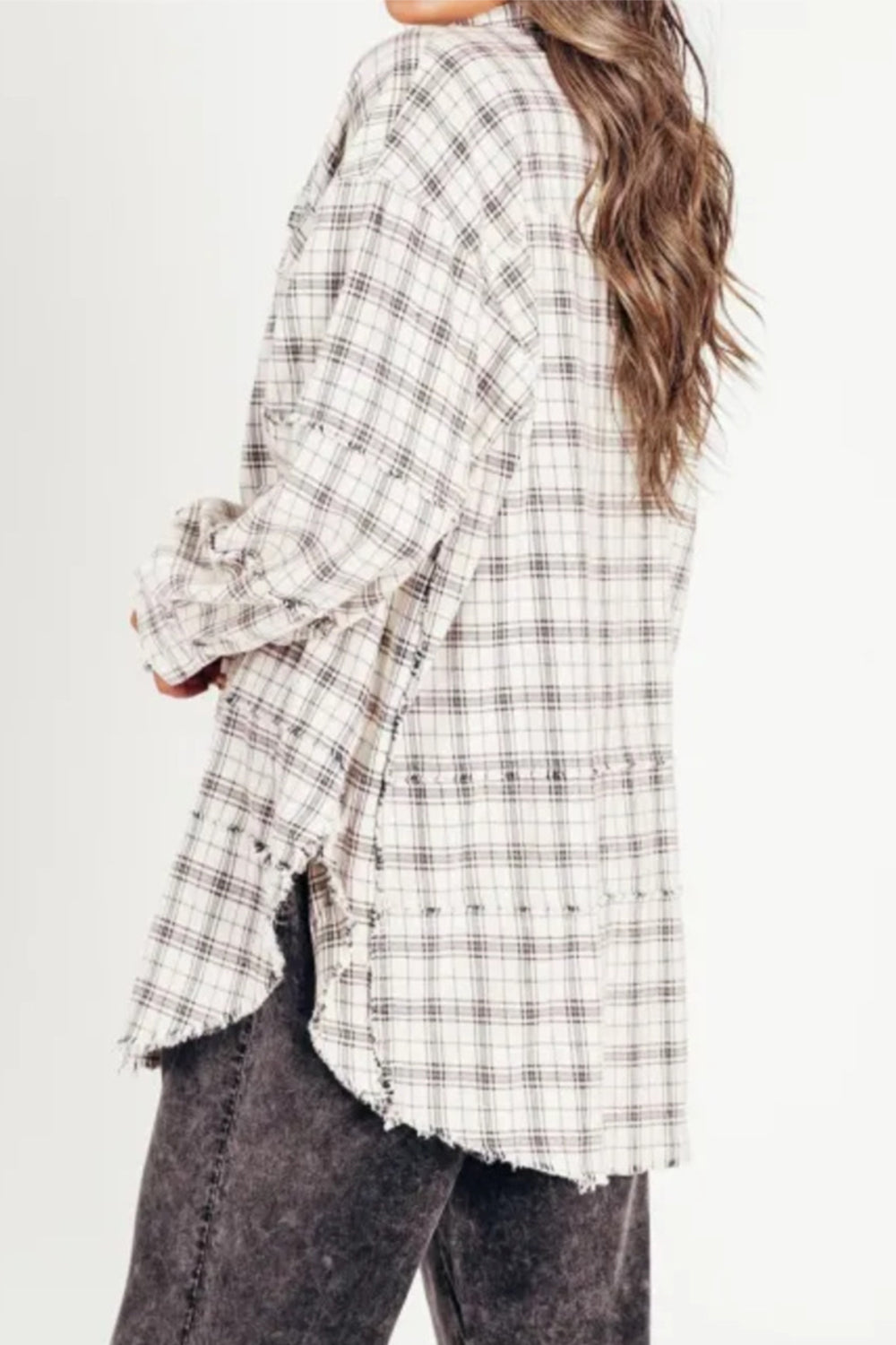 Outfit Flow - Exposed Seam Plaid Collared Neck Long Sleeve Shirt