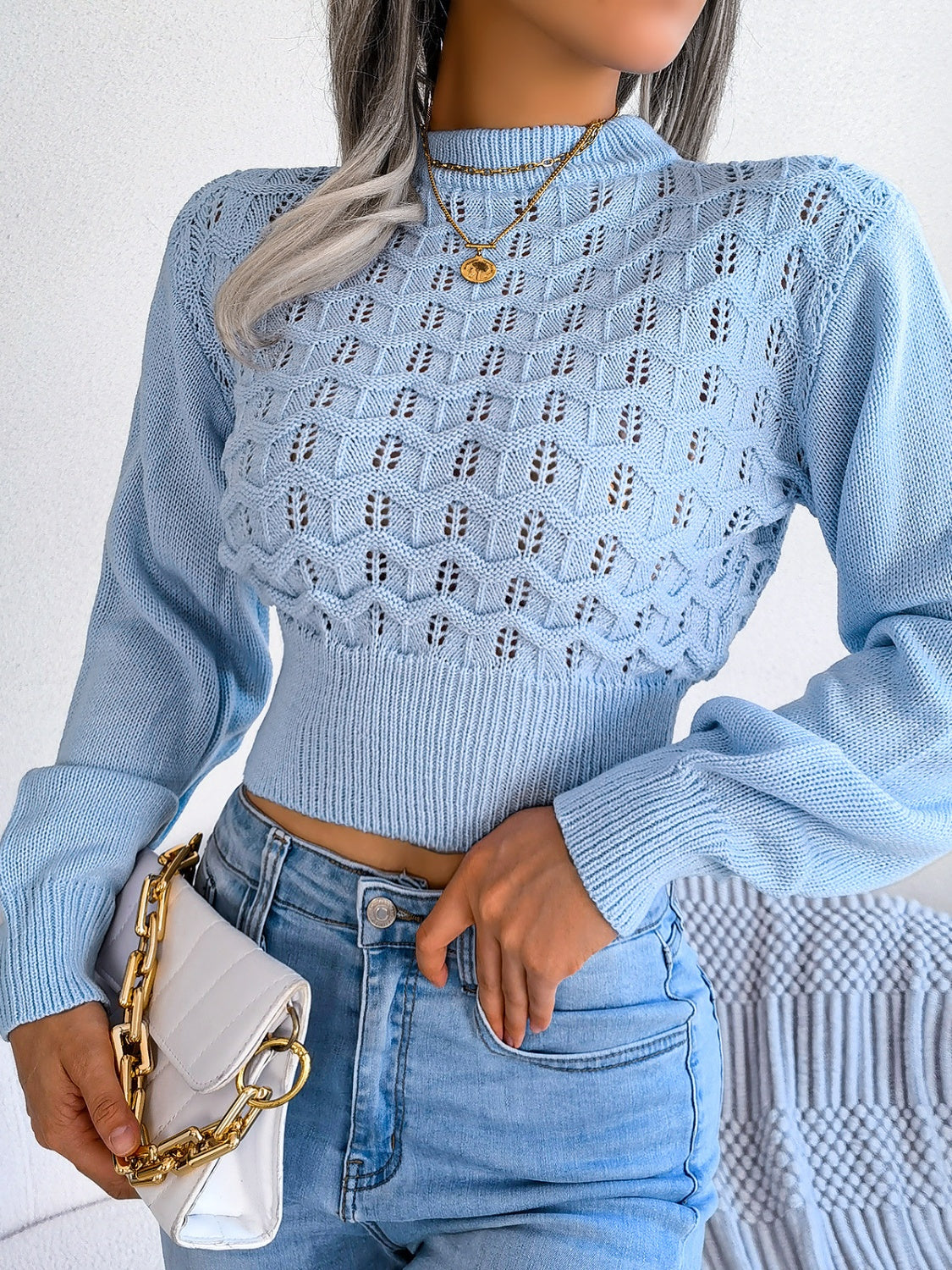 Outfit Flow - Openwork Mock Neck Long Sleeve Cropped Sweater