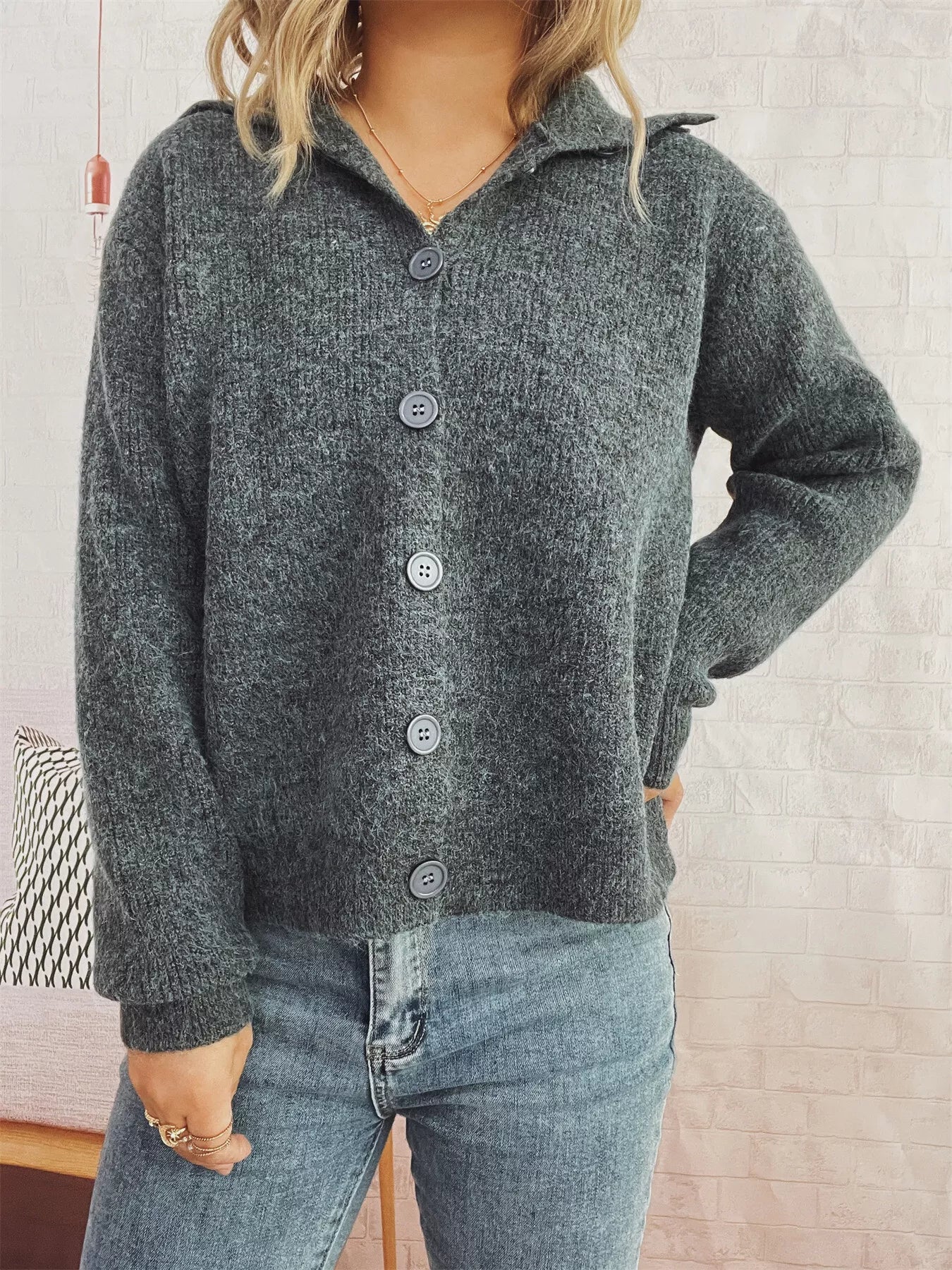 Ribbed Button-Up Cardigan Gray One Size OutfitFlow