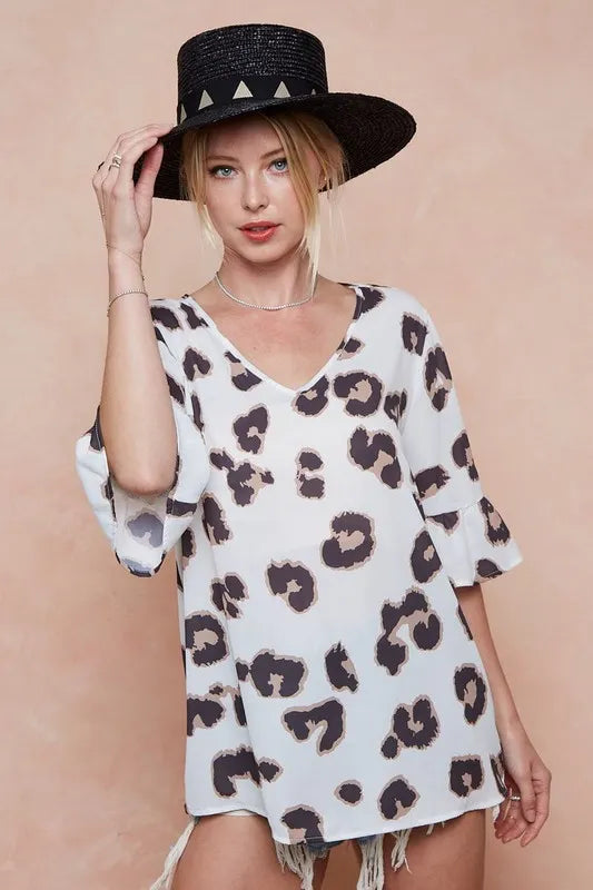 BiBi Leopard Printed V Neck Woven Top with Ruffled OutfitFlow