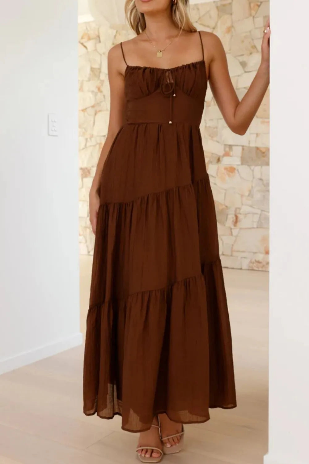 Ruched Smocked Back Cami Dress Dark Brown OutfitFlow