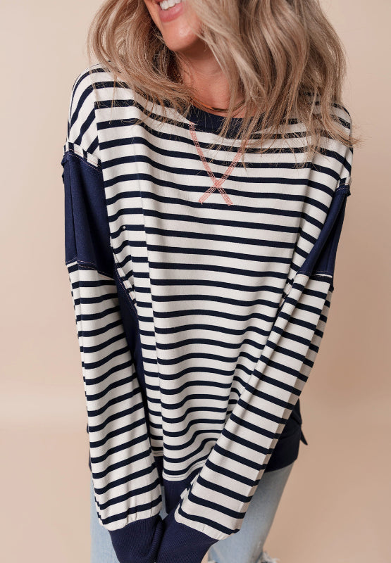 Outfit Flow - Exposed Seam Striped Long Sleeve Sweatshirt