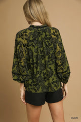 Umgee Full Size Floral Velvet Blouse with Balloon Sleeves Plus Size Trendsi
