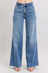 Judy Blue Full Size Raw Hem Wide Leg Jeans Plus Size MD OutfitFlow