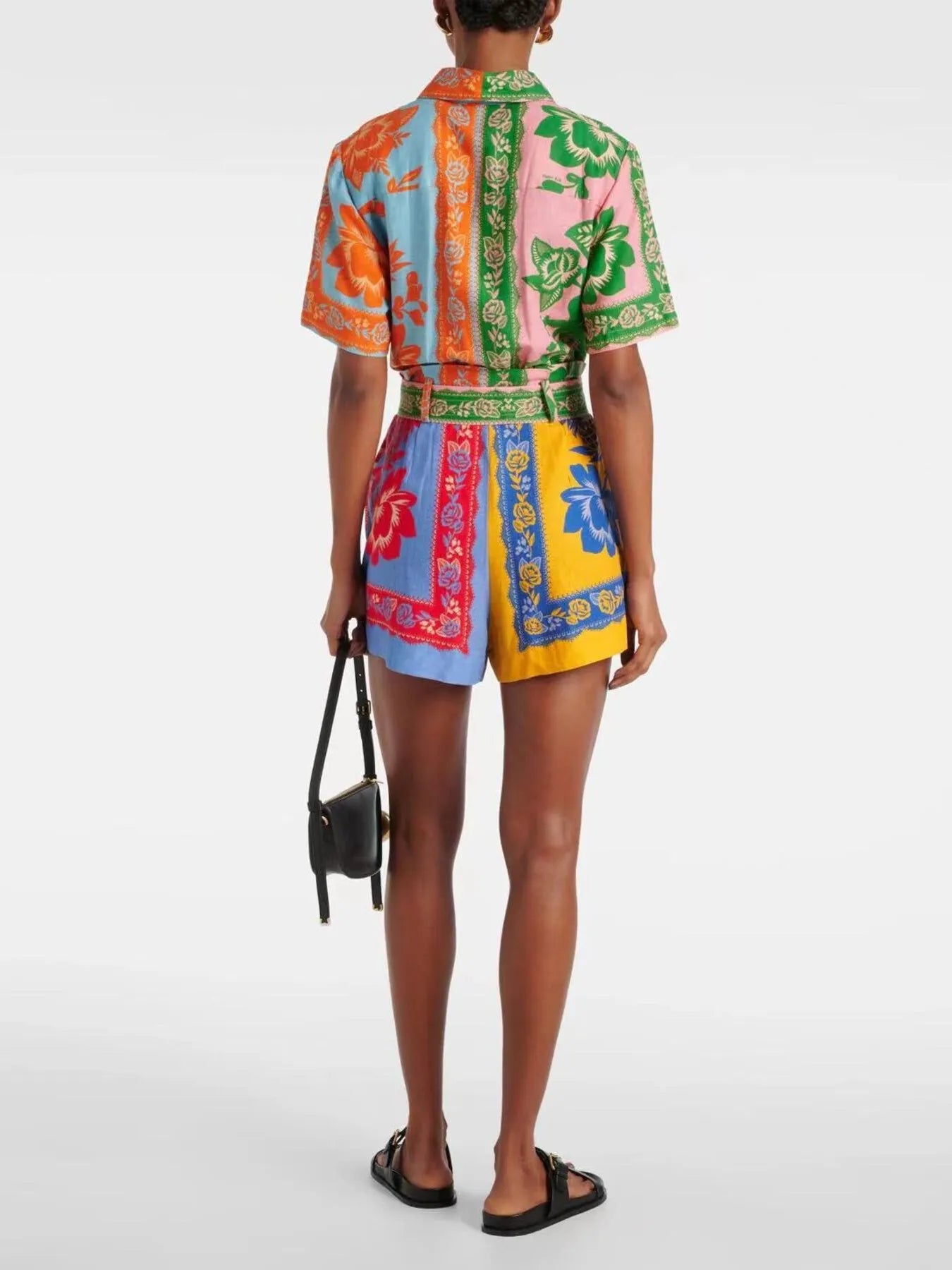 Printed Short Sleeve Tie Waist Romper OutfitFlow