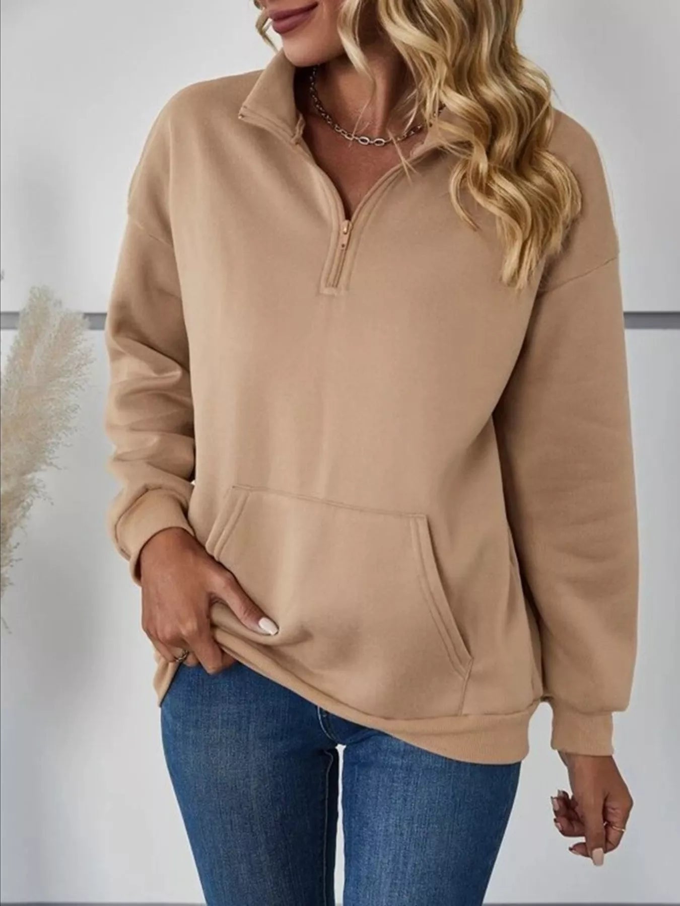 Zip-Up Collar Sweatshirt with Pocket OutfitFlow