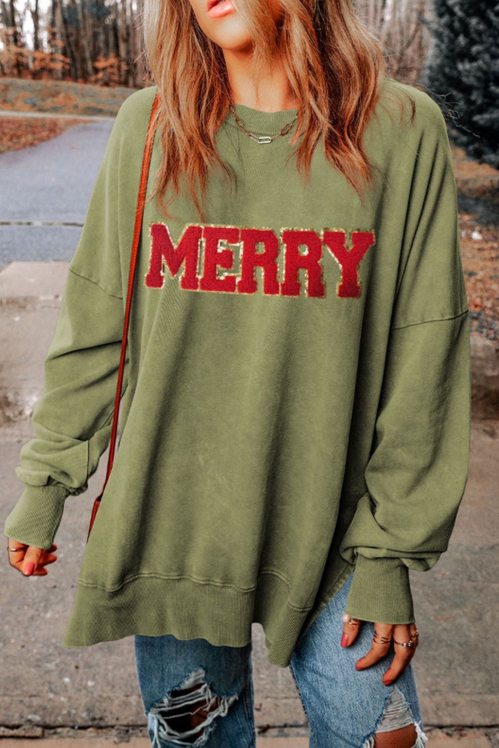 MERRY Side Slit Long Sleeve Sweatshirt OutfitFlow