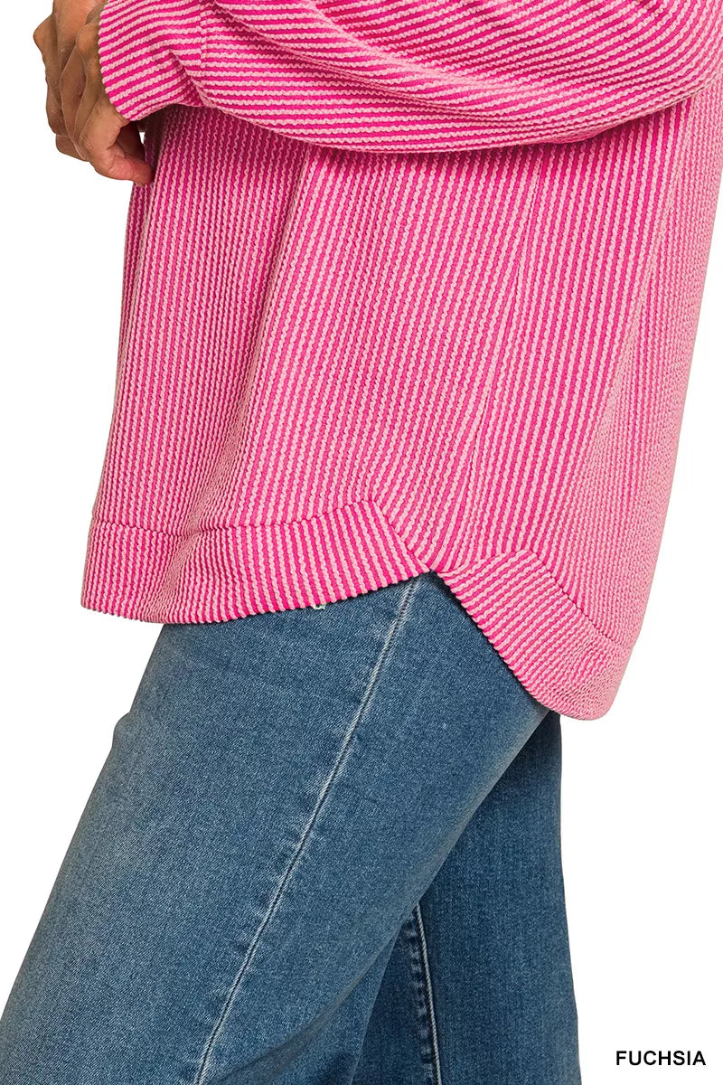 Zenana Full Size Raised Rib Round Neck Long Sleeve Top Plus Size OutfitFlow