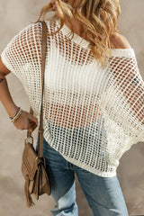 Openwork Round Neck Half Sleeve Knit Cover Up White OutfitFlow