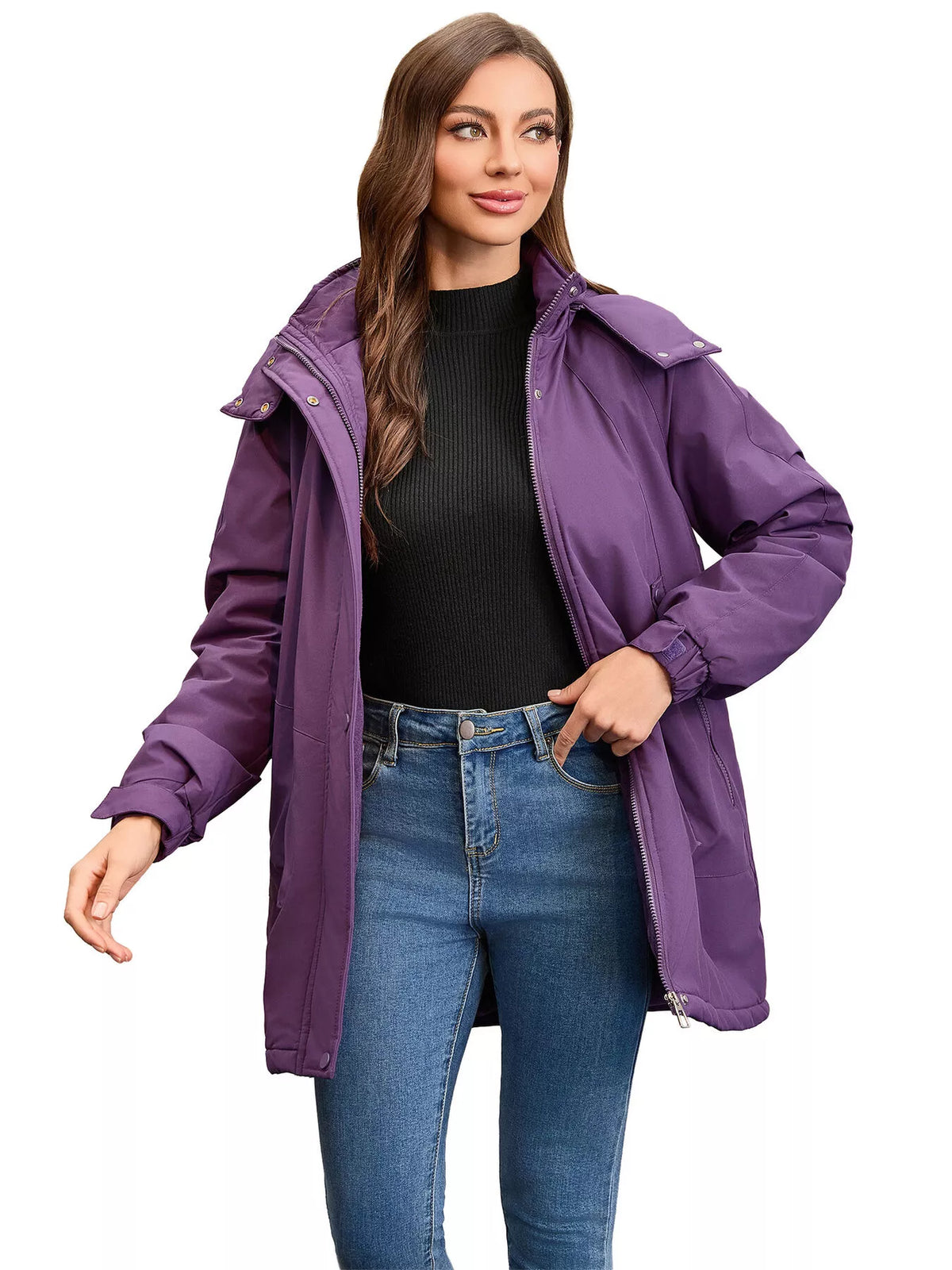 Full Size Hooded Mid-Length Windproof Outerwear Plus Size Purple OutfitFlow