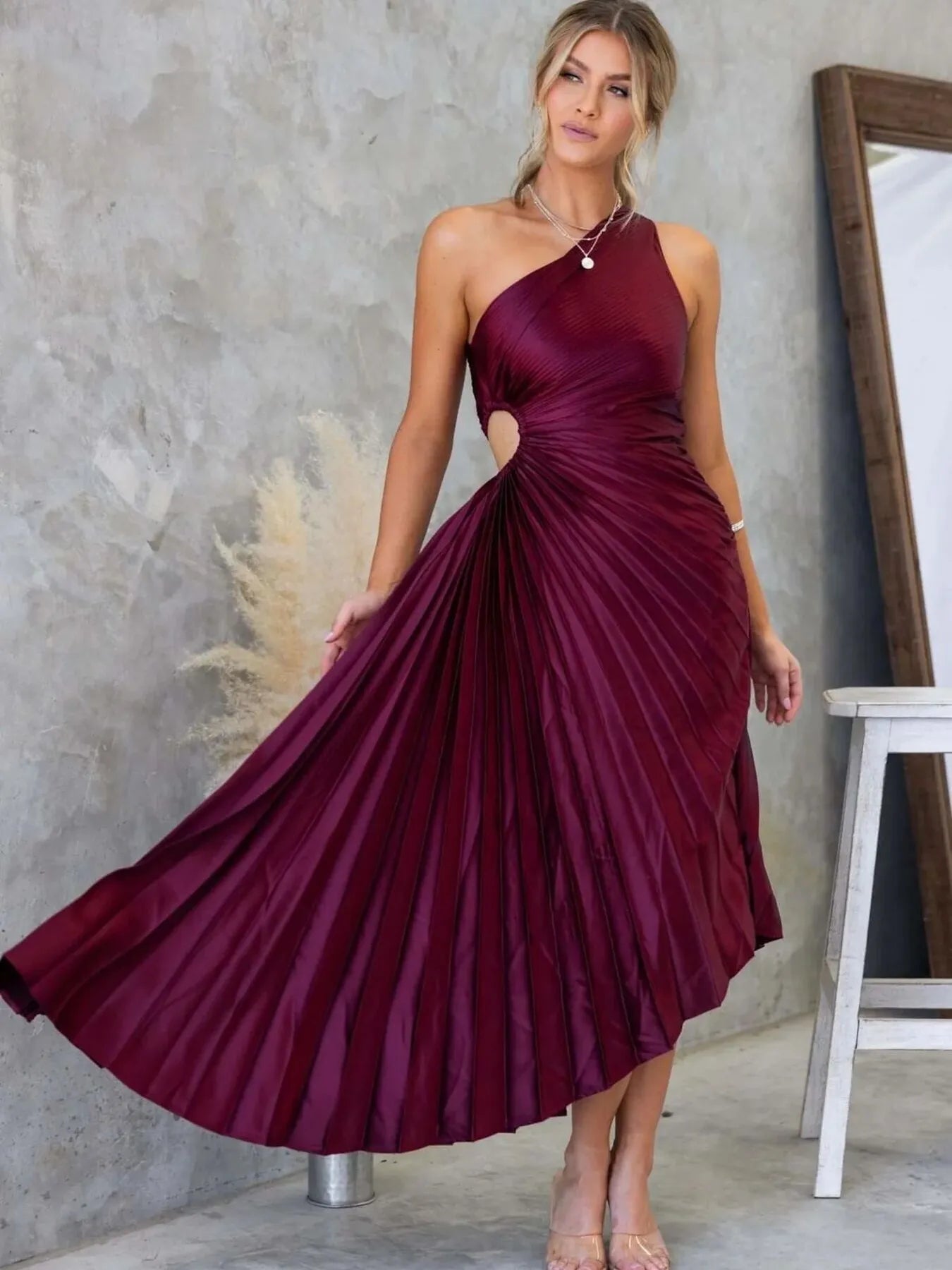 Full Size Single Shoulder Pleated Midi Dress Plus Size Purple OutfitFlow