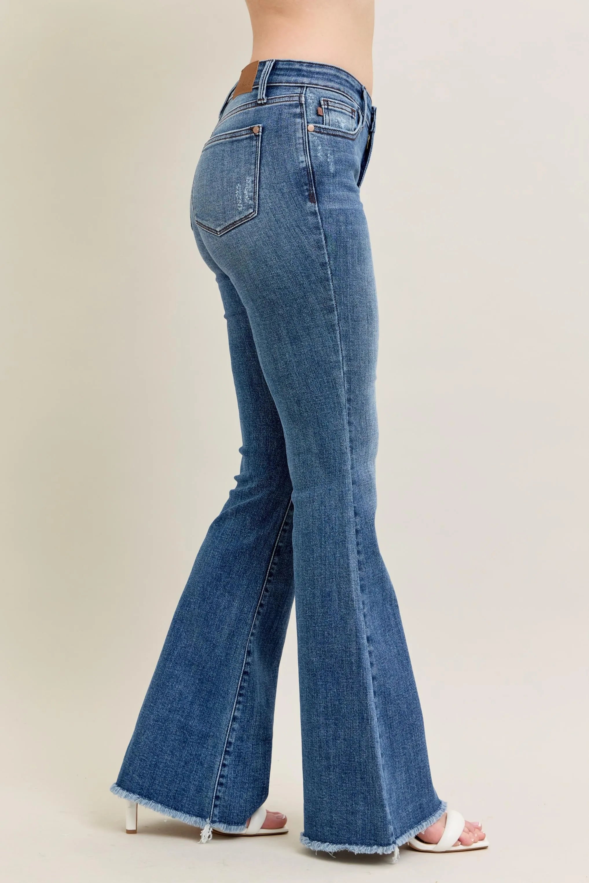 Judy Blue Full Size Mr Vintage Wash Flare Jeans W/ Destroy and Fray Hem Plus Size OutfitFlow