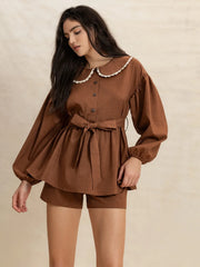 Peter Pan Collar Balloon Sleeve Top and Shorts Set OutfitFlow