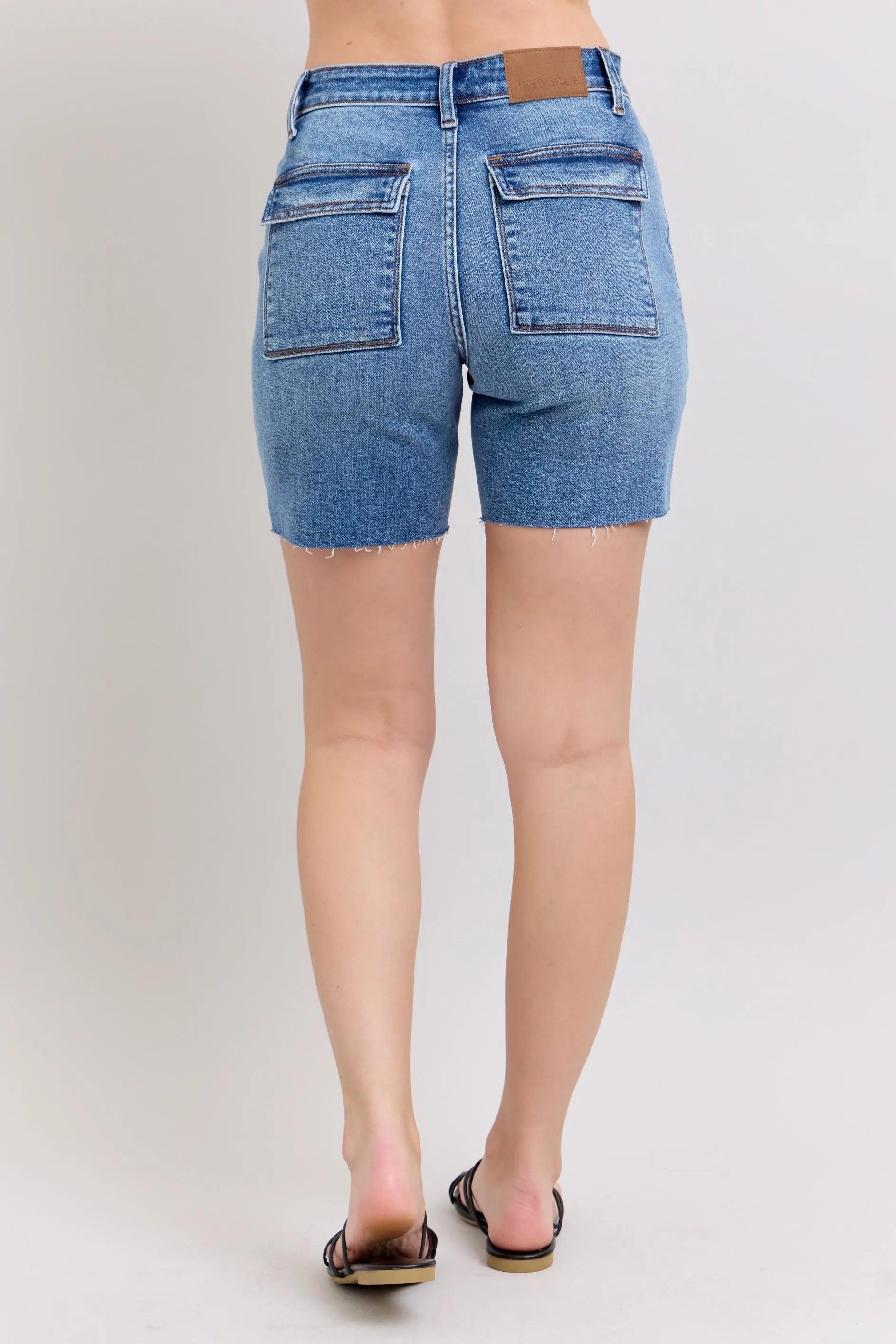 Judy Blue Full Size Mid Rise Bermudas Denim Shorts W/ Back Flap Pockets Plus Size OutfitFlow