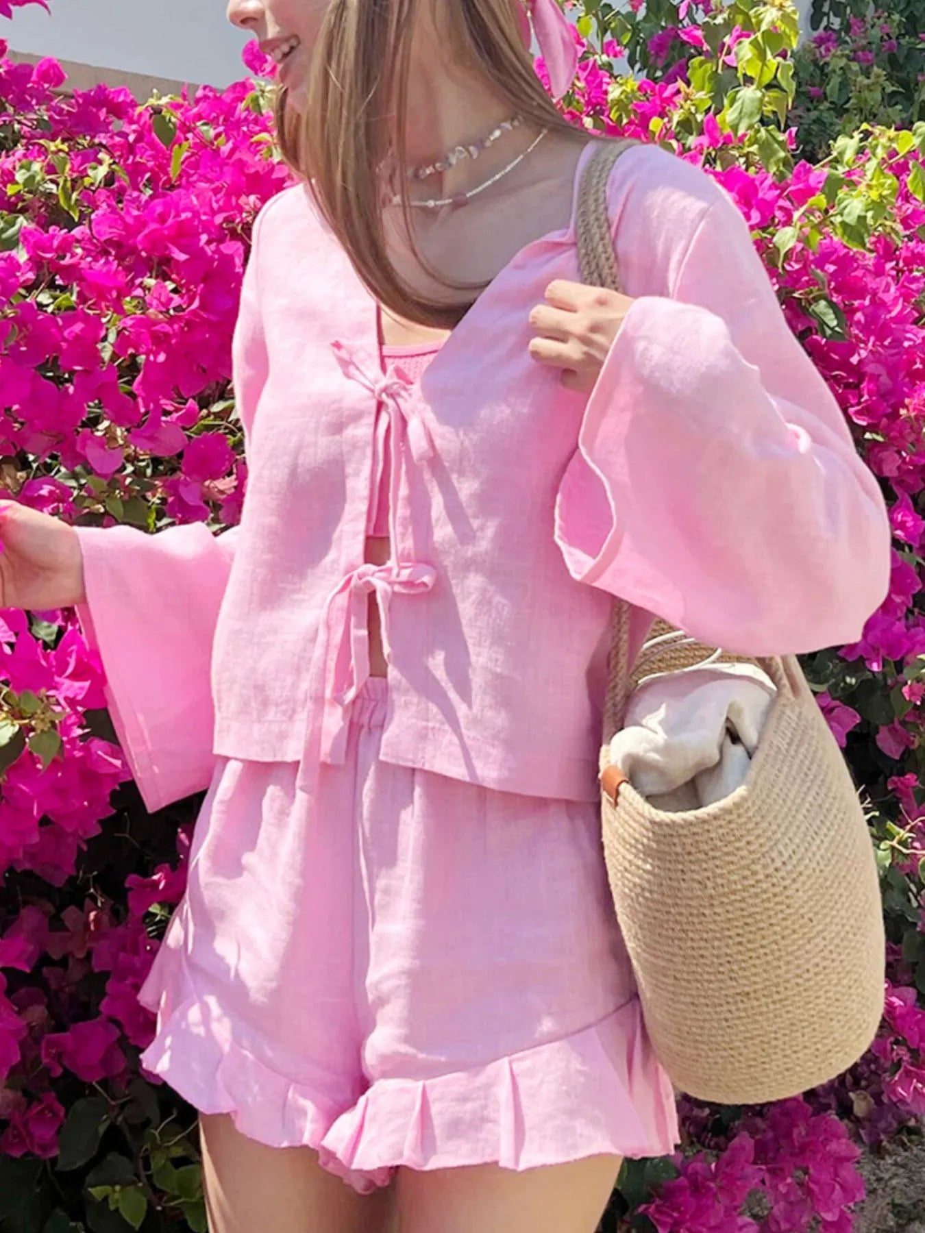 Tie Front Long Sleeve Top and Shorts Set OutfitFlow