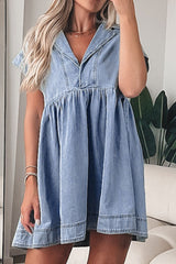 Lapel Neck Cap Sleeve Denim Babydoll Dress OutfitFlow