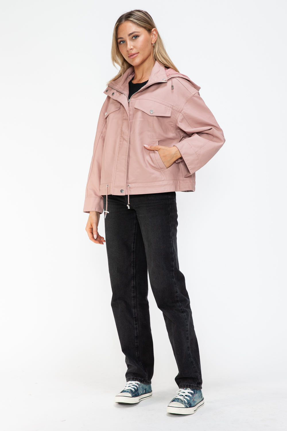 Outfit Flow - How Dare U Drawstring Hem PU Leather Zip Up Jacket