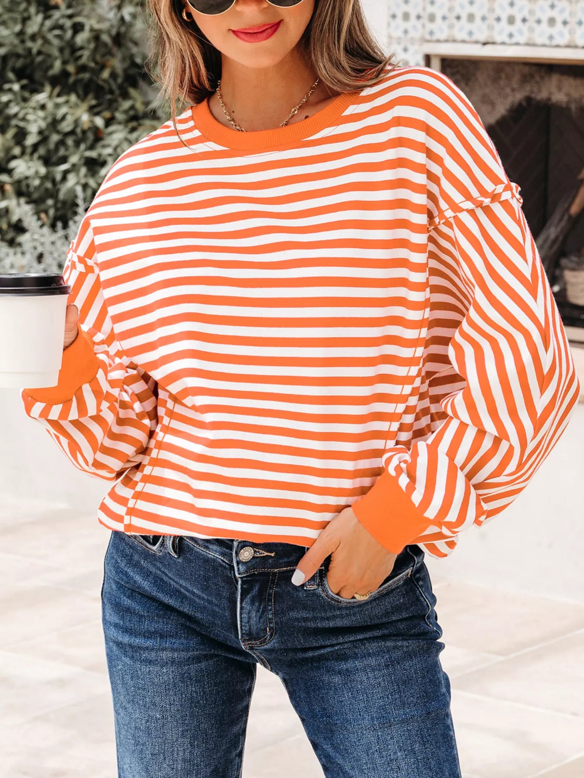 Striped Long Sleeve Casual Sweatshirt Sherbet OutfitFlow