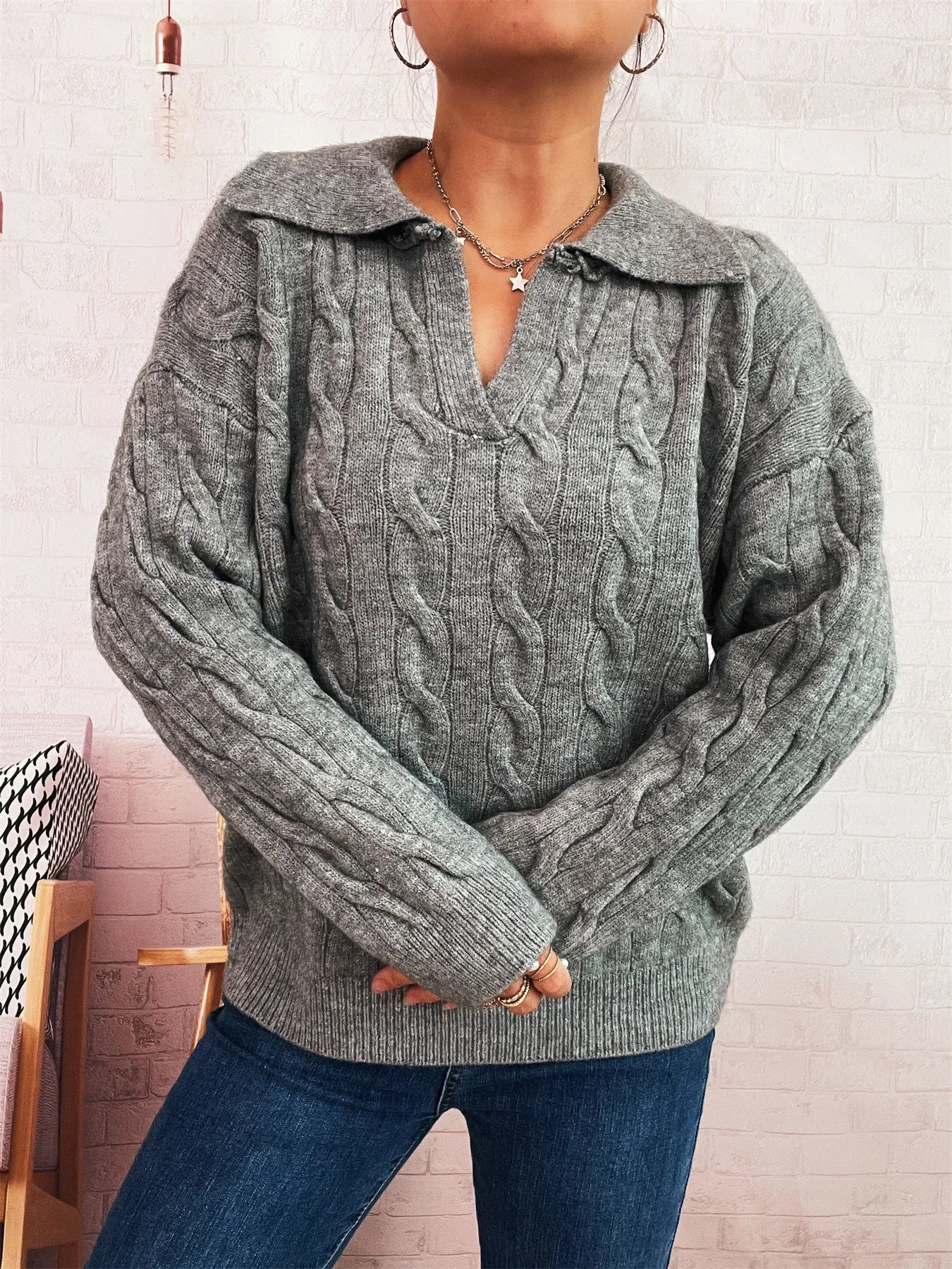 Cable Knit Johnny Collar Sweater Trendsi