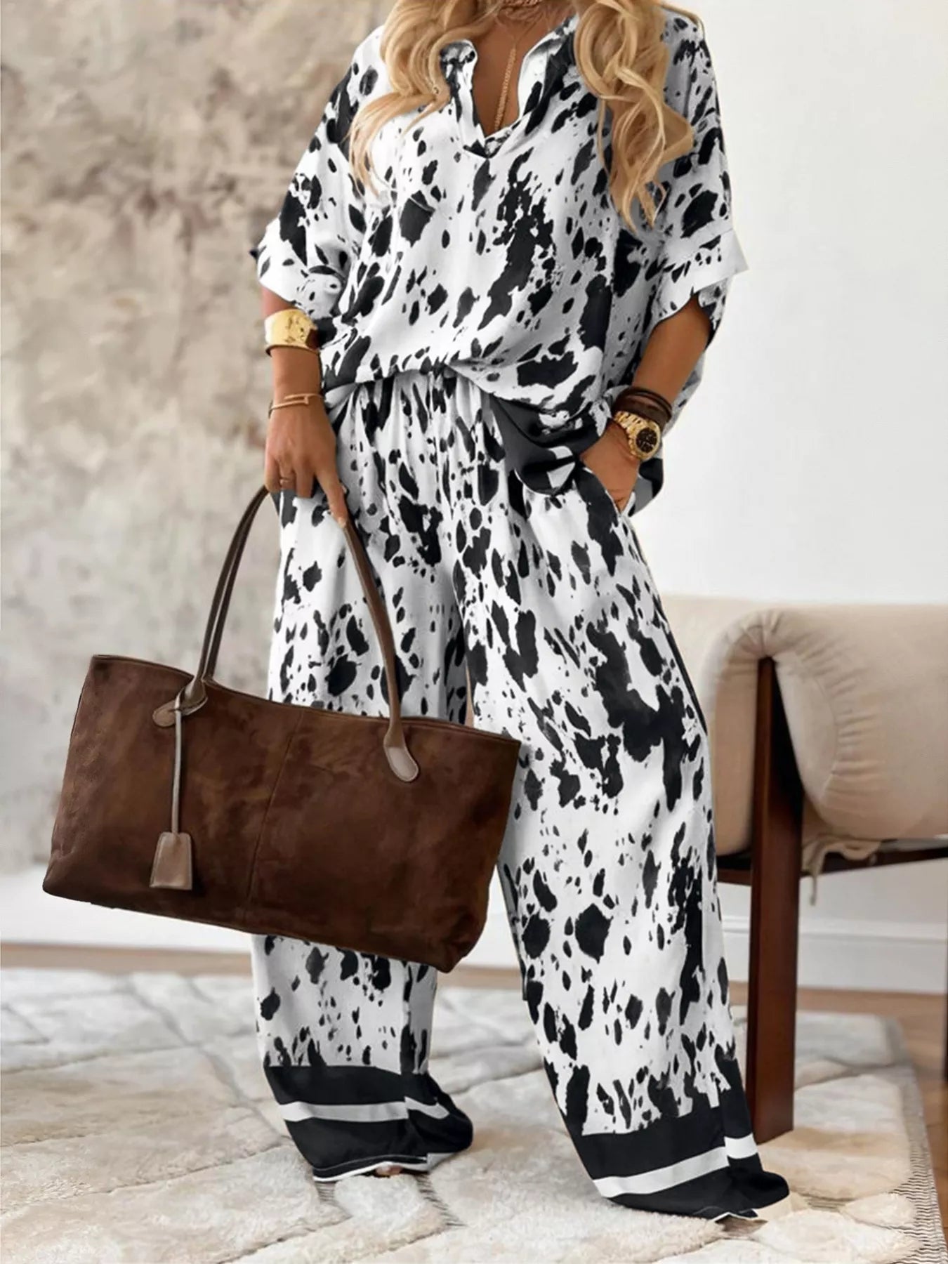 Printed Relaxed Fit Top and Wide Leg Pants Set OutfitFlow