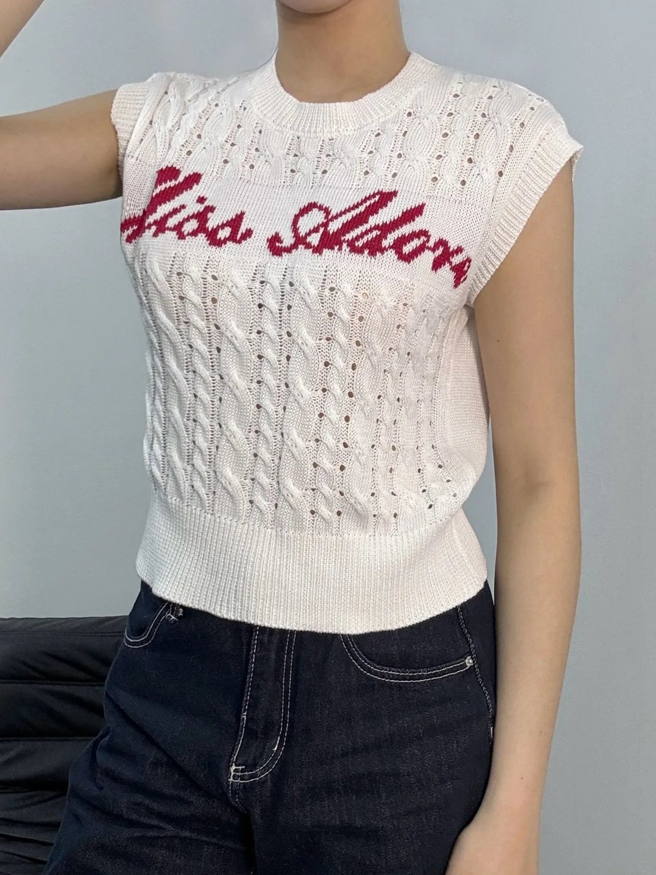 Cable Knit Round Neck Sweater Vest OutfitFlow