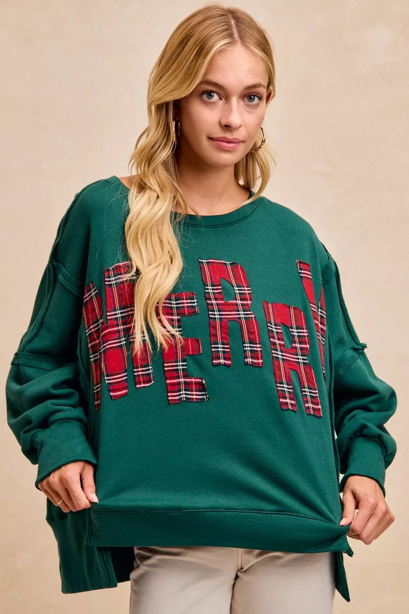 BiBi Christmas Plaid Merry Lettering Fleece Sweatshirt GREEN RED PLAID OutfitFlow
