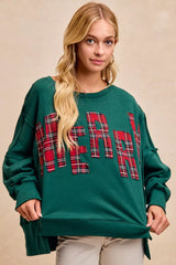 BiBi Christmas Plaid Merry Lettering Fleece Sweatshirt GREEN RED PLAID OutfitFlow