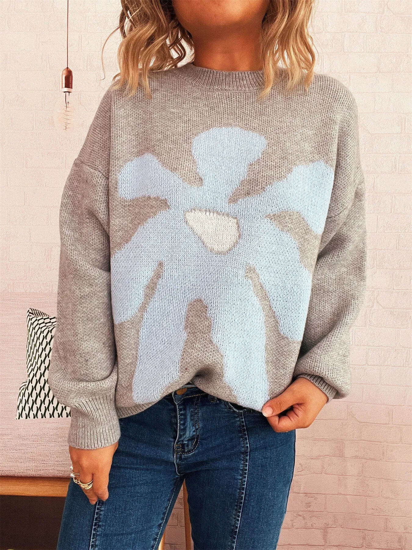 Flower Dropped Shoulder Sweater Gray One Size Trendsi
