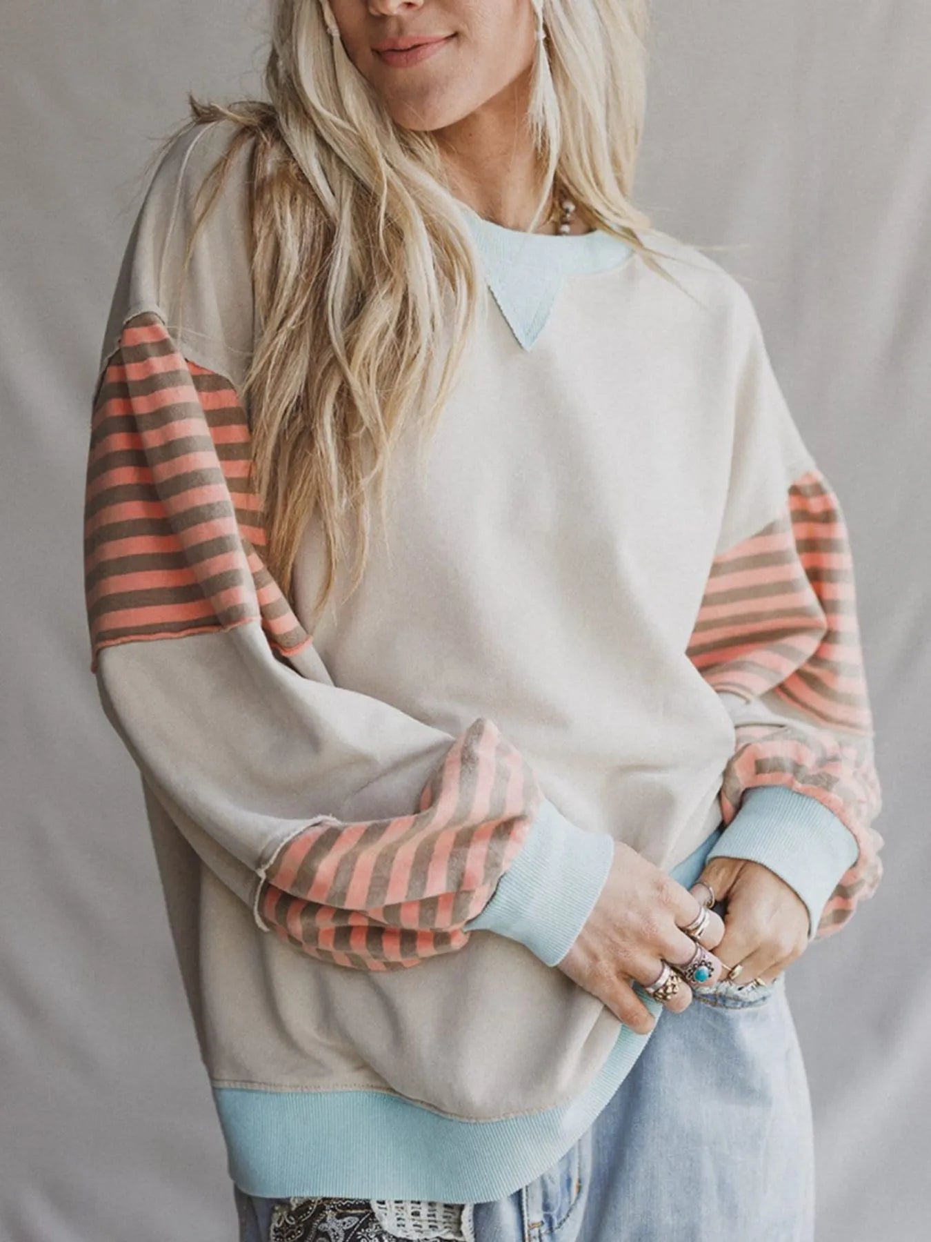 Striped Colorblock Patchwork Drop Shoulder Sweatshirt Trendsi