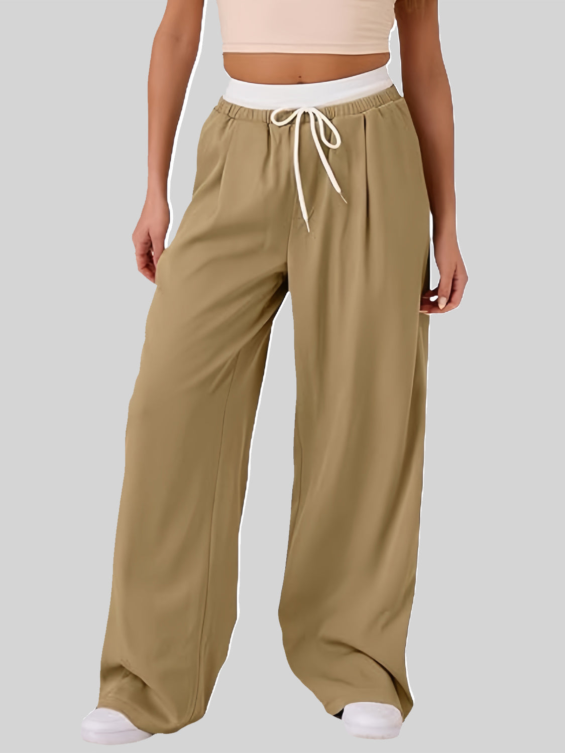 Outfit Flow - Contrast Waistband Drawstring Wide Leg Pants