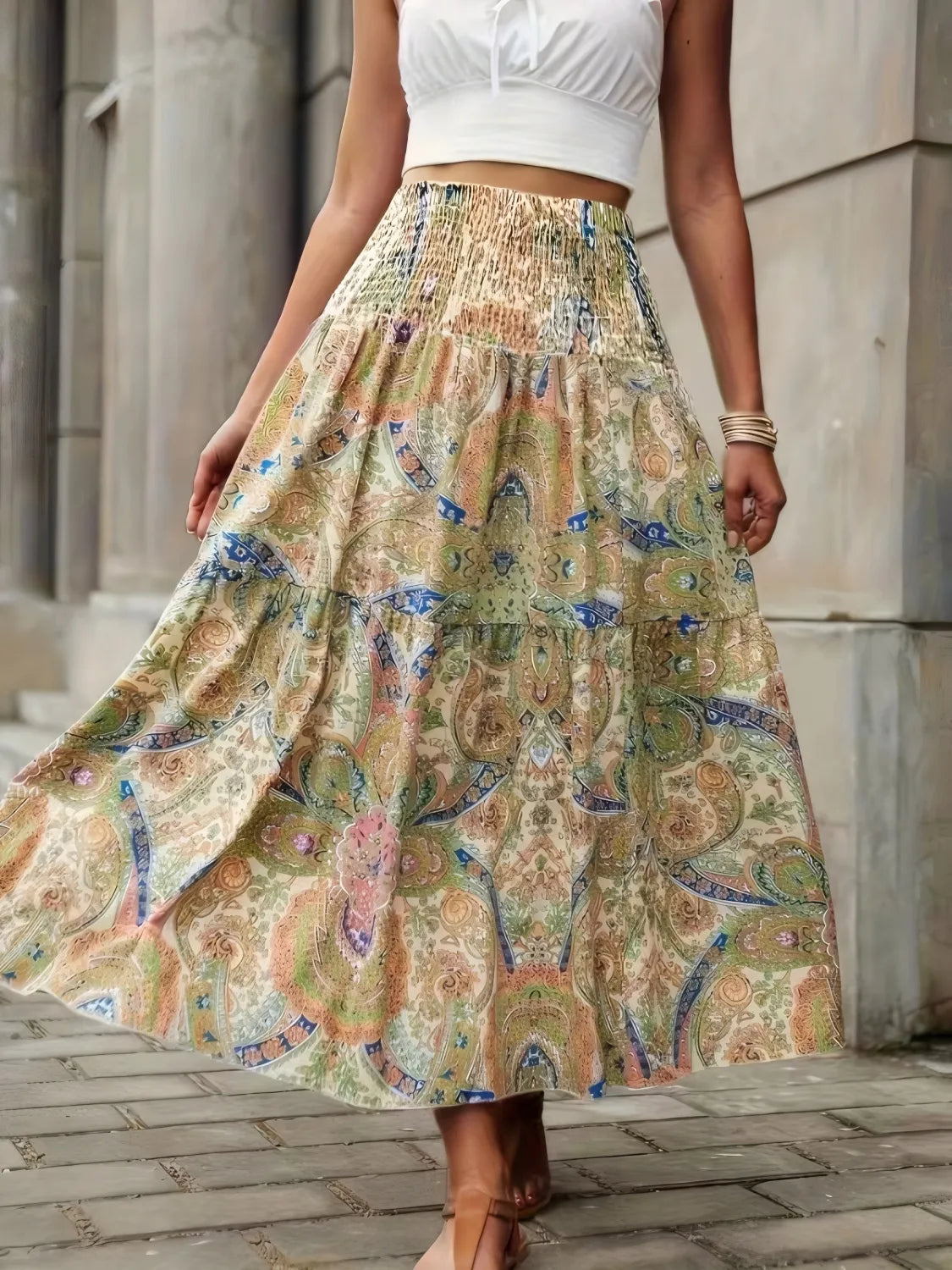 Smocked Printed High Waist Skirt Tan OutfitFlow
