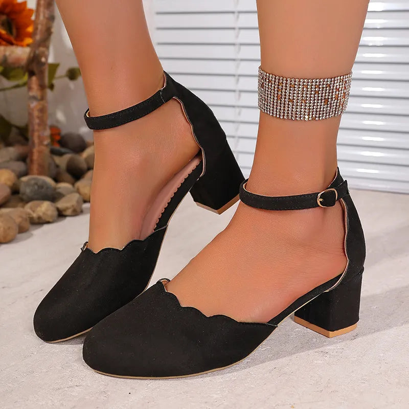 Round Toe Block Heels Pumps Black OutfitFlow
