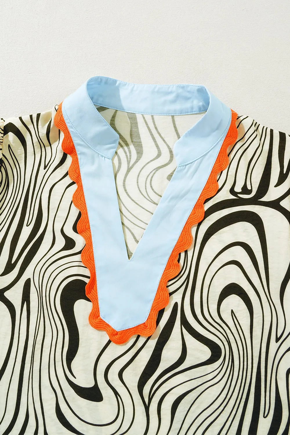 Zebra Stripe Print Contrast V-Neck Ricrac Detail Short Sleeve Blouse Top OutfitFlow