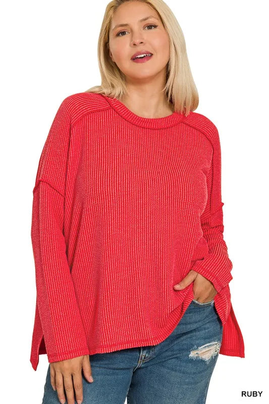 Zenana Full Size Exposed Seam Long Sleeve Corded Rib Knit Top Plus Size OutfitFlow