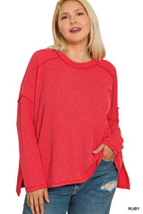 Zenana Full Size Exposed Seam Long Sleeve Corded Rib Knit Top Plus Size OutfitFlow