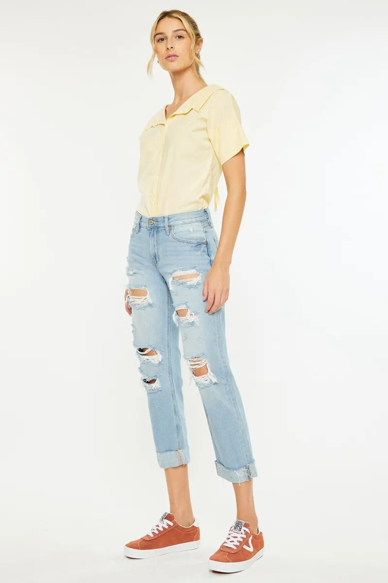 Kancan Mid Rise Distressed Boyfriend Jeans OutfitFlow