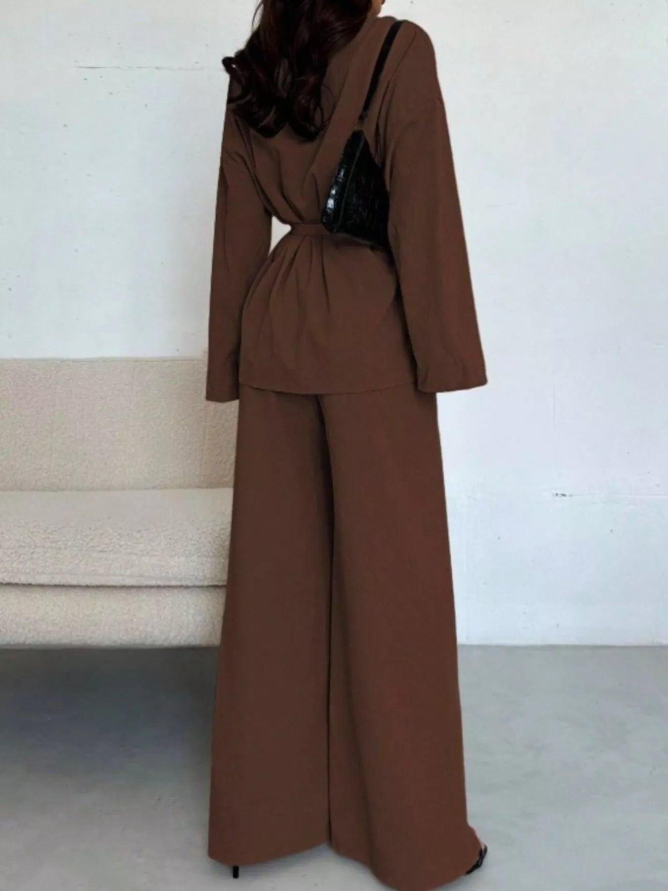 Front Tied Shirt and Wide-Leg Pants Set OutfitFlow