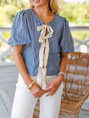 Tie Front Puff Sleeve Striped Blouse OutfitFlow