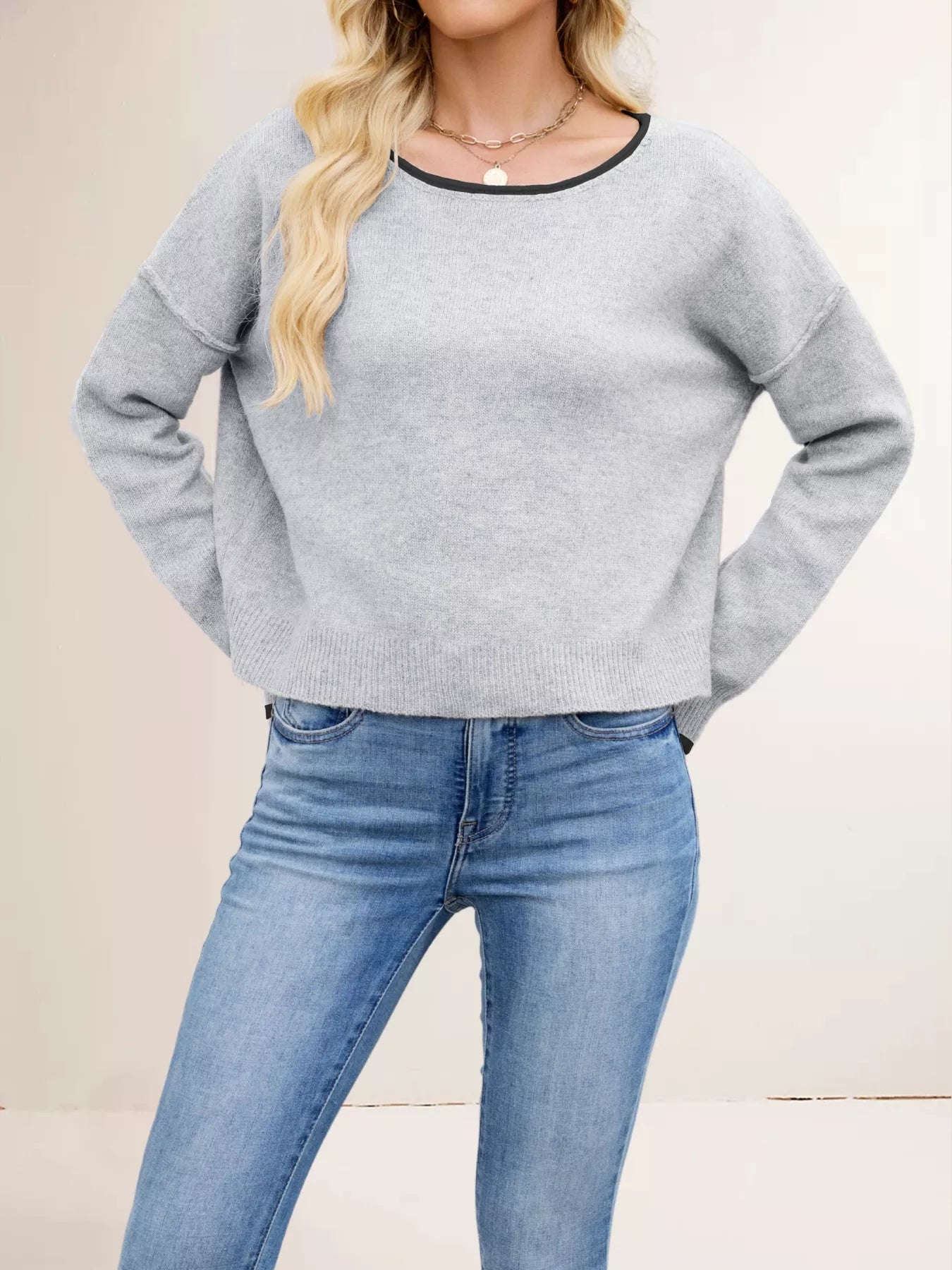 Round Neck Dropped Shoulder Sweater OutfitFlow
