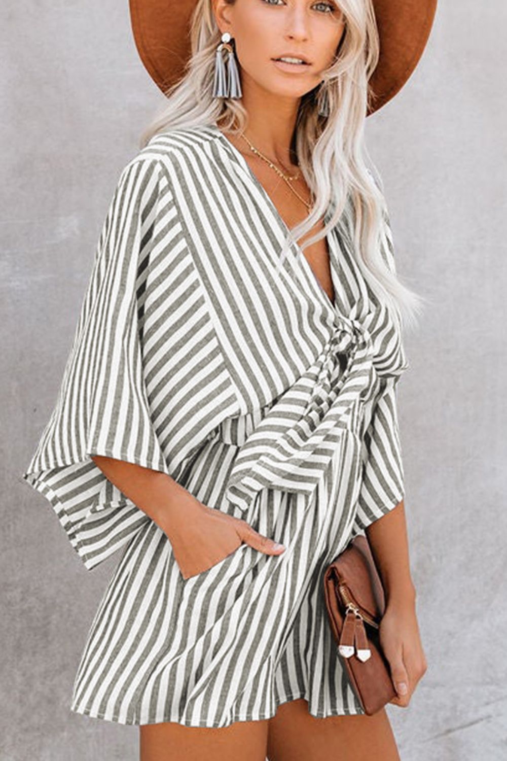 Outfit Flow - Bow Striped Kimono Sleeve Romper