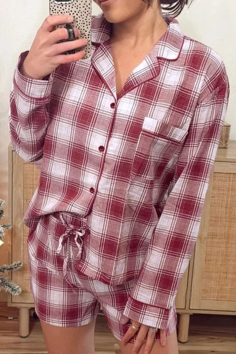 Plaid Long Sleeve Shirt and Drawstring Shorts Lounge Set OutfitFlow