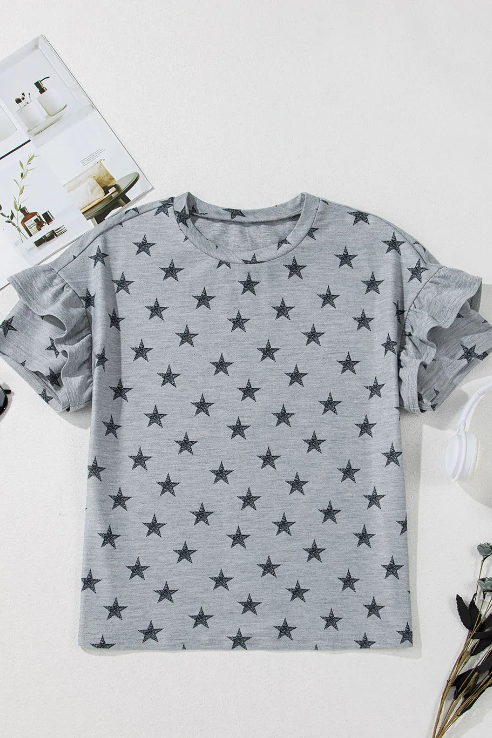 Star Print Tiered Ruffled Sleeve Crew Neck T Shirt OutfitFlow