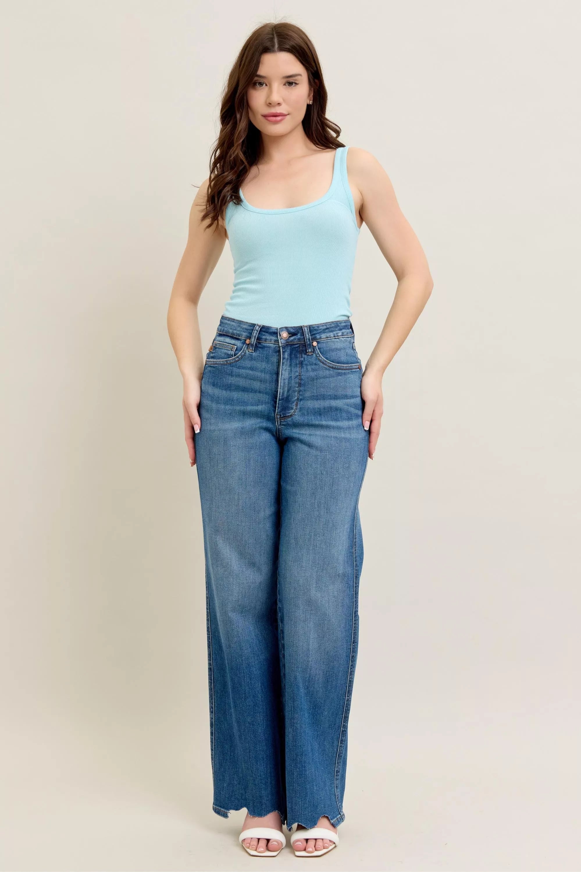 Judy Blue Full Size High Waist Tummy Control Chew Hem Destroy Wide Jeans Plus Size OutfitFlow