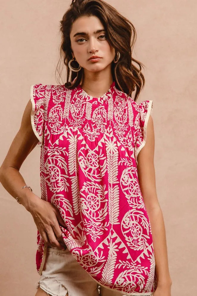 BiBi Printed Ruffle Sleeve Top OutfitFlow