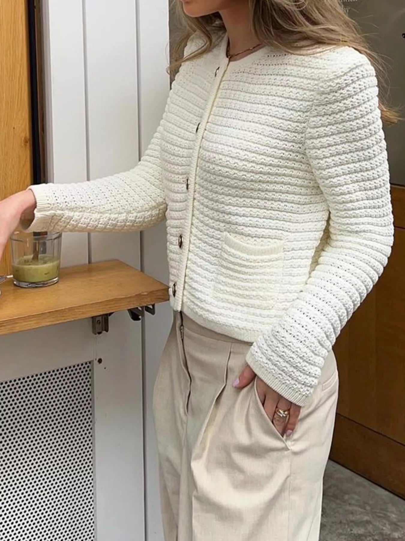 Button-Down Long Sleeve Cardigan Gray white OutfitFlow