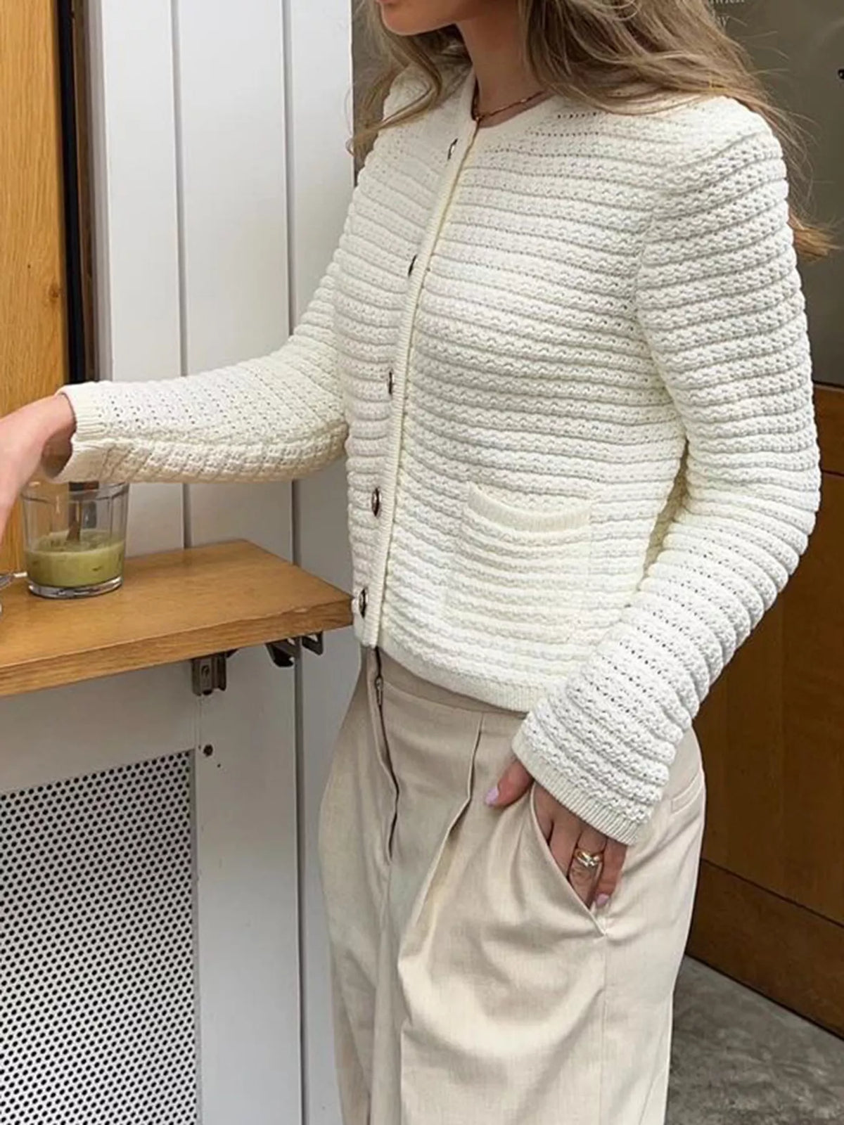 Button-Down Long Sleeve Cardigan Gray white OutfitFlow