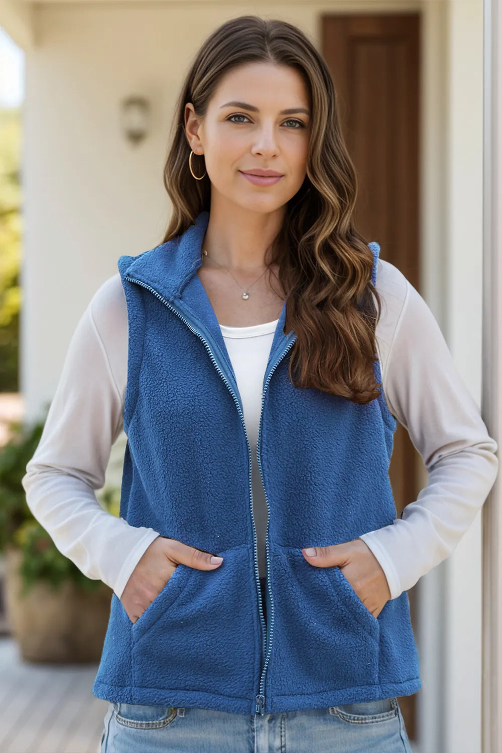 Zip Up Vest Coat with Pockets Royal Blue Trendsi